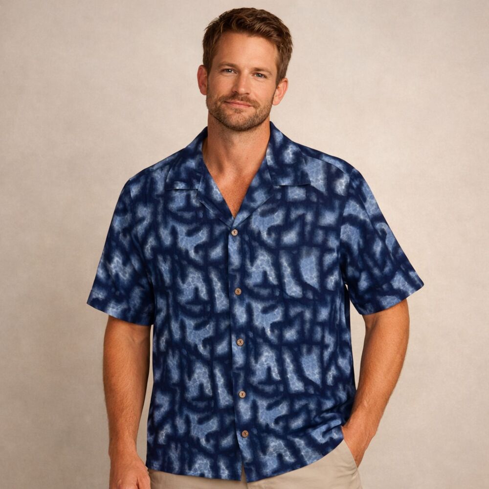 VTG Kiesel's Fashions by Betty Honululu Batik Shirt Mens Sz L Indigo Button Up